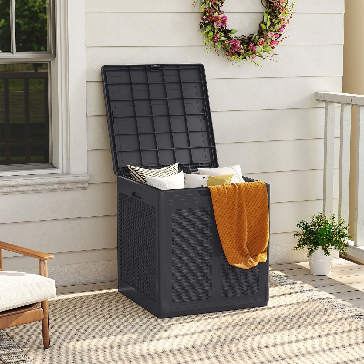 Boîte de rangement Coast avec couvercle - aspect rotin - multifonctionnelle - marron/noir - 145 litres