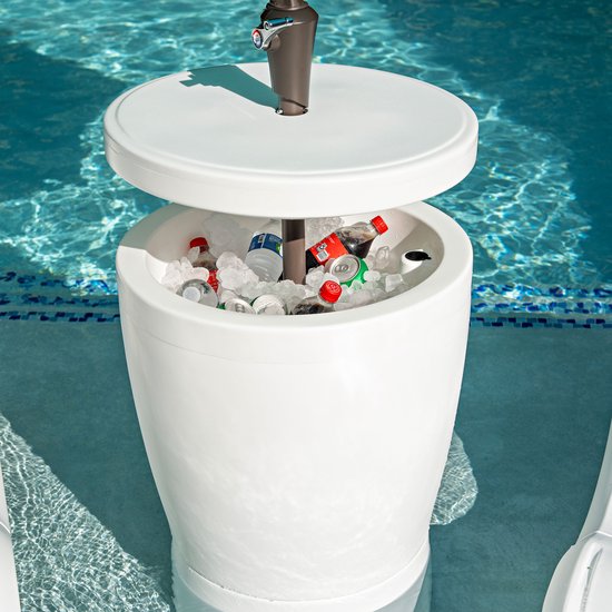 Step2 Vero Table de piscine blanche – Table de piscine avec compartiment réfrigérant de 34 l – Table pour terrasse ensoleillée – Avec emplacement pour parasol et système d'évacuation – Convient pour la piscine ou la terrasse – Jusqu'à 50 kg