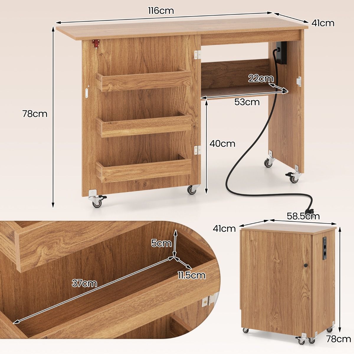 Meuble de couture pliable Coast - 2 en 1 avec station de recharge et étagères de rangement - couleur naturelle