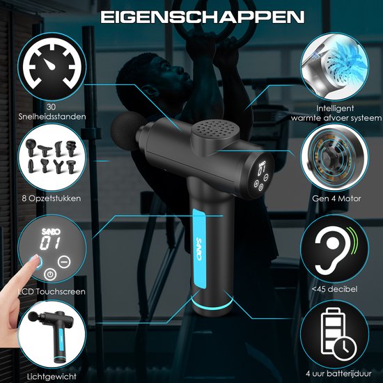 Sanbo Massage Gun - Génération 4 - Avec 8 accessoires et 30 étapes - En collaboration avec les physiothérapeutes - Professionnel - Appareil de massage sportif et de relaxation - Pistolet de massage