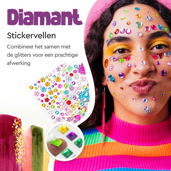 Partizzle Set complet de tatouages pailletés - Filles / Garçons - Gabarits de maquillage, colle et pinceaux - Kit d'artisanat pour faux tatouages au néon - Cadeau de carnaval pour les enfants - 24 couleurs / Biodégradable