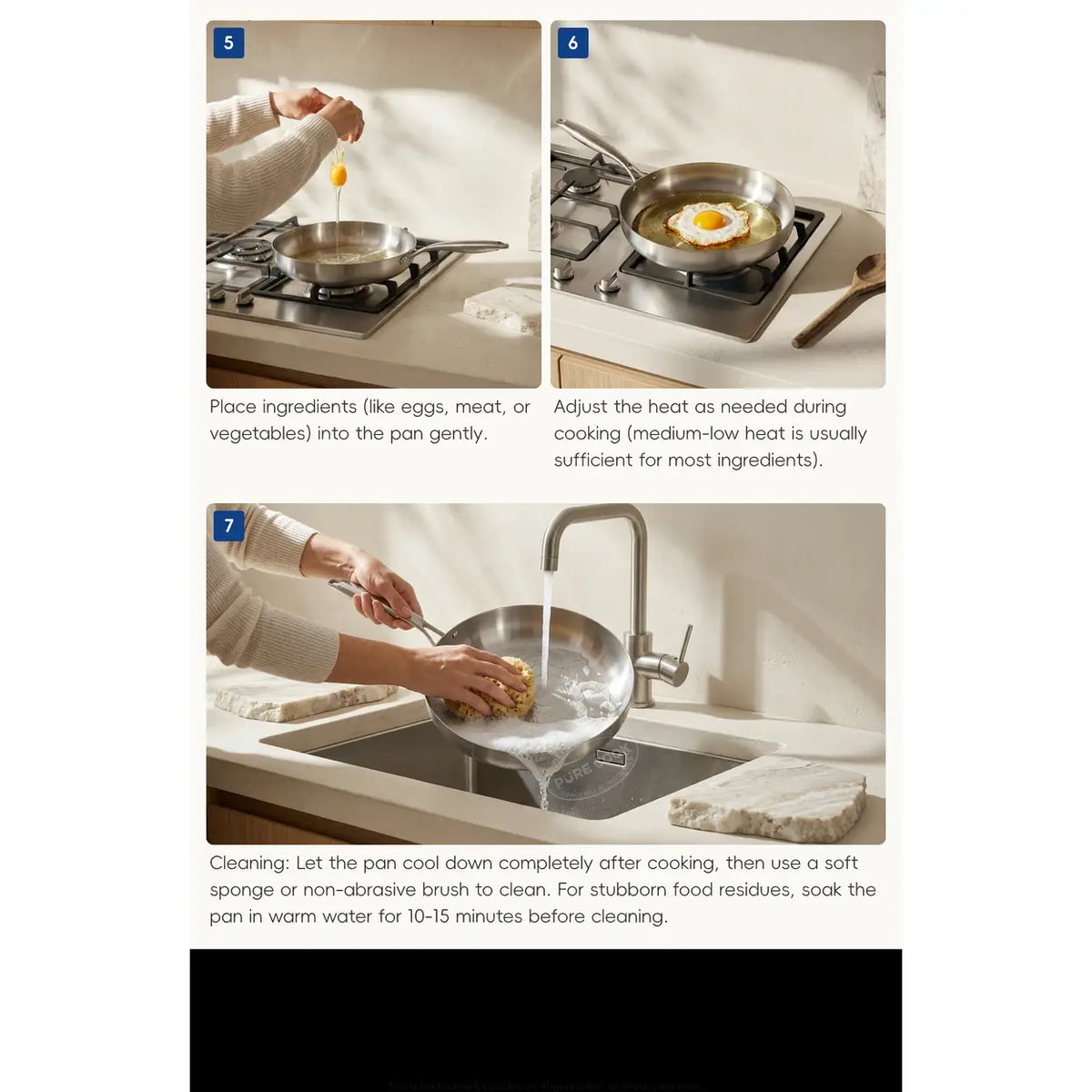 Poêle PURE COOK 304 en acier inoxydable à trois couches - 20 cm - compatible induction - sans couvercle