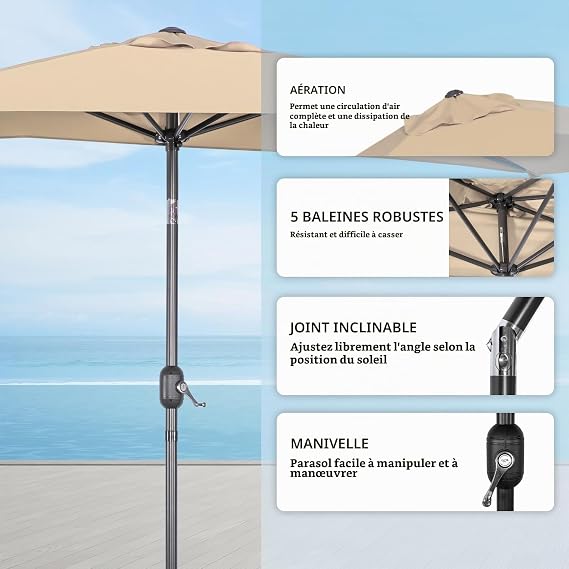 Parasol de jardin carré Angel Living 2,5 x 1,3 m – Beige, Terracotta, Crème ou Gris – Protection UV UPF 50+