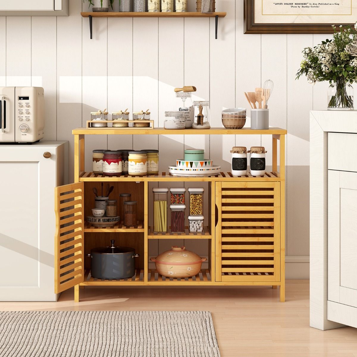Armoire de salle de bains Coast en bambou - 2 portes - étagères ouvertes - couleur naturelle - 100 x 35 x 80 cm