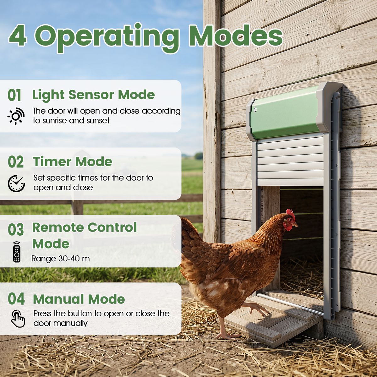 Trappe automatique pour poules Coast - énergie solaire - 4 modes de fonctionnement - vert et argent