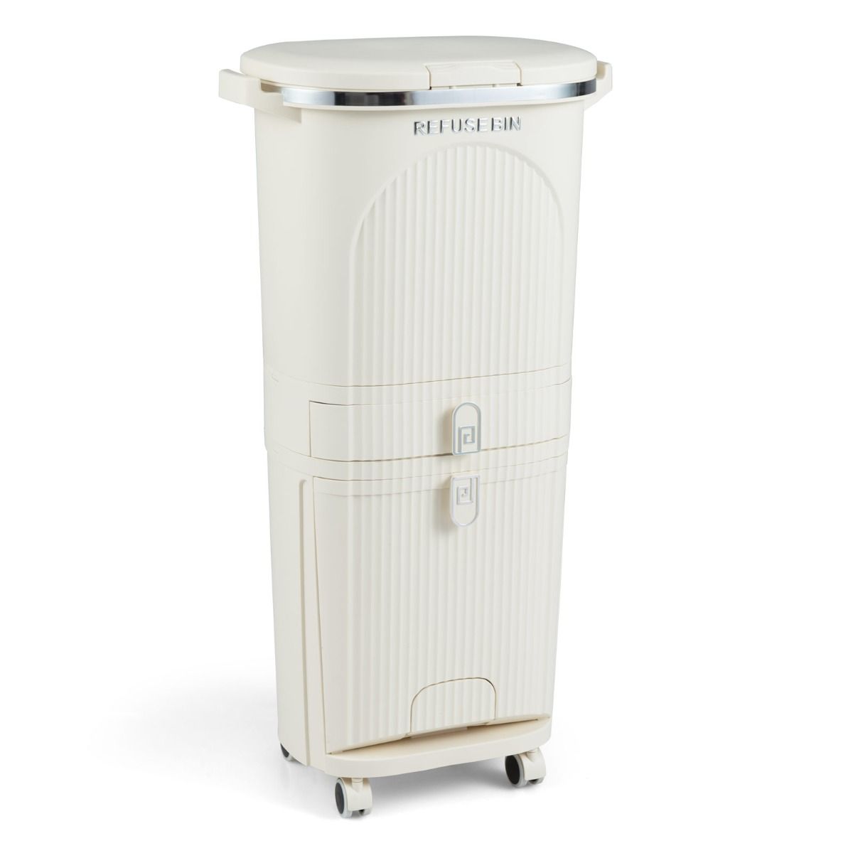 Poubelle de tri sélectif Coast - 3 compartiments - tiroir coulissant - pédale - beige - 42 litres