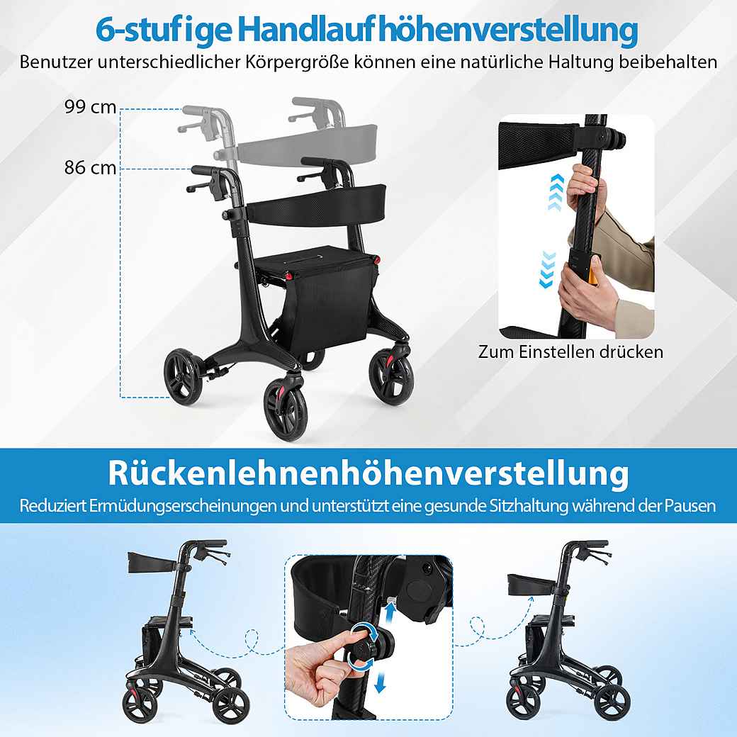 Coast Foldable Rollator Black - Aide à la marche ultralégère en carbone avec siège - 78 x 62 x 86-99 cm