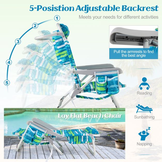 Chaise de plage confortable Coast avec dossier réglable en 5 positions, pliable, structure légère en aluminium, porte-gobelet et compartiments de rangement - Bleu/Vert, 66x65x78 cm