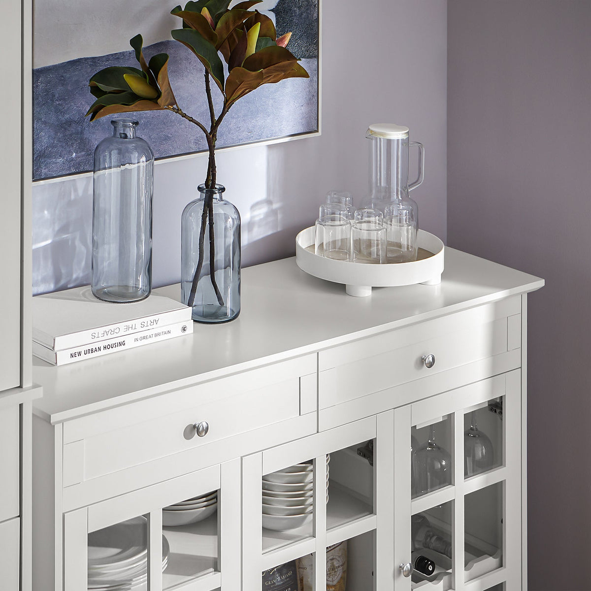 SoBuy Meuble de cuisine Buffet Meuble de rangement latéral avec 3 portes en verre et 2 tiroirs, 90x40x90 cm, blanc