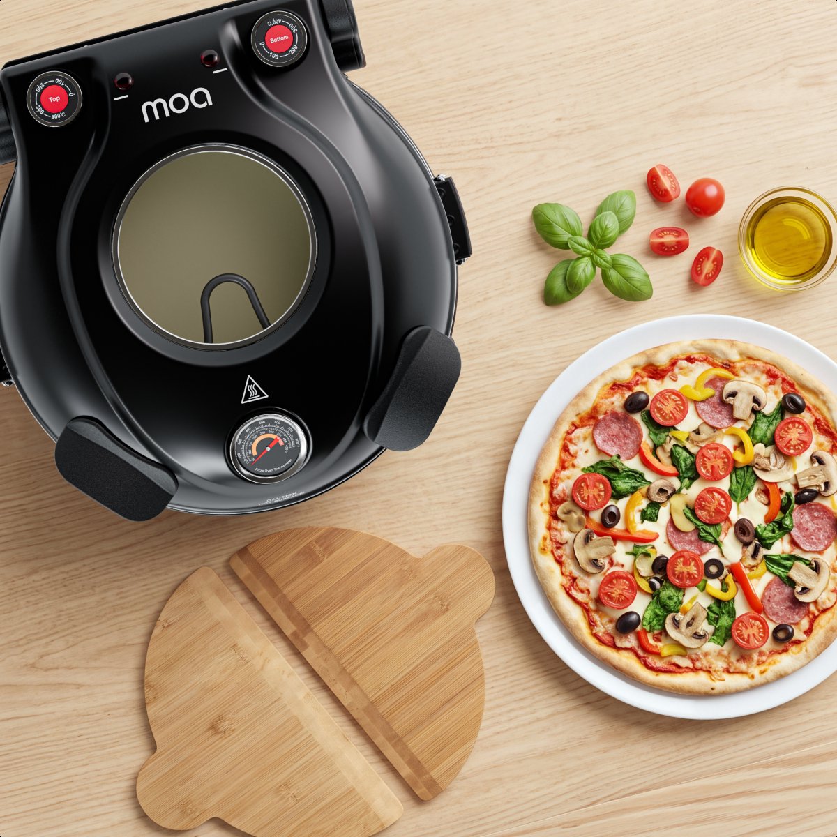 Four à pizza électrique MOA - Jusqu'à 400 °C - Pierre à pizza de 30,5 cm - Chaleur supérieure et inférieure réglable - 2 pelles en bambou incluses - Noir