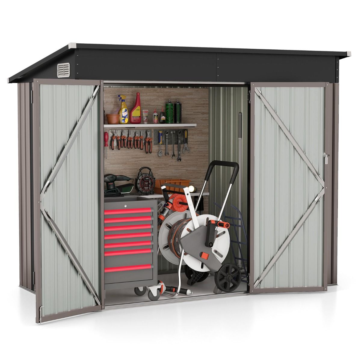Abri de jardin Coast en métal - toit en pente - double porte - marron clair - 235 x 117 x 185 cm