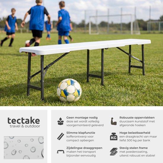 tectake® Lot de 2 bancs pliants - Bancs de jardin - 8 personnes - Banc de brasserie - Bancs portables pour table de camping - Table de brasserie - Table de pique-nique - Table de jardin - Capacité de charge de 500 kg par banc - Blanc