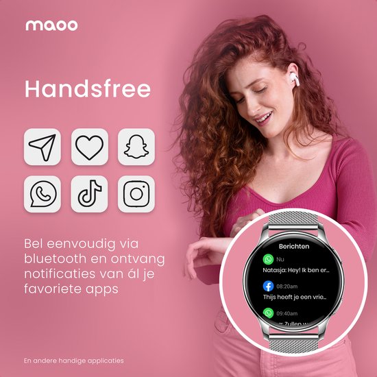 Maoo Ventura AMOLED Smartwatch Ladies - Acier inoxydable et bracelet en silicone 3x - Podomètre - Moniteur de fréquence cardiaque - Moniteur de sommeil - Multisport - Convient à Android et iOS - Argent et blanc