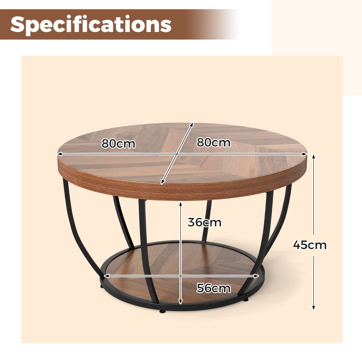 Table basse ronde Coast - 2 niveaux - Structure métallique - Marron - 80 cm