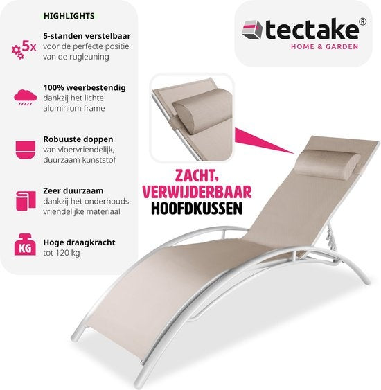 tectake® set de 2 chaises longues de jardin - chaises longues en aluminium - résistantes aux intempéries - idéales pour le jardin - balcon - terrasse - avec coussin de tête - dossier réglable en 5 directions - beige