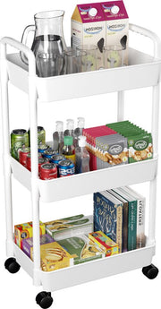 Chariot de cuisine Posity à roulettes – Chariot de service / Chariot de rangement / Étagère de cuisine / Chariot de cuisine – Mobile et fixe – 3 niveaux – Plastique – Blanc