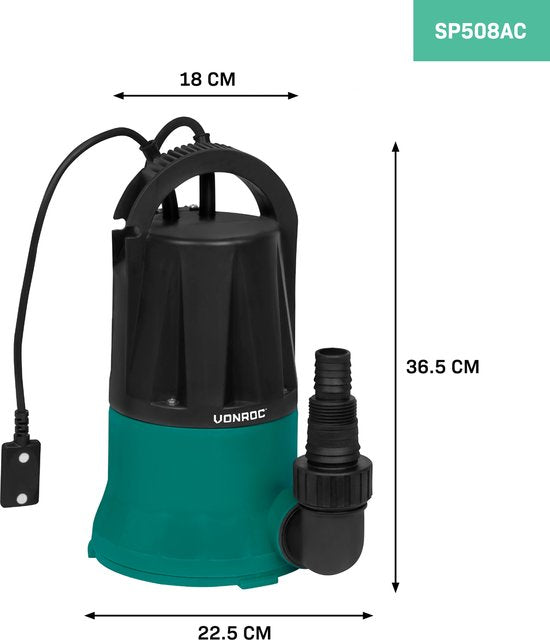 VONROC Pompe submersible / pompe d'aspiration de surface / pompe à franges - jusqu'à 1mm avec interrupteur sensoriel - 400W - 6000l/h - Pour eau propre
