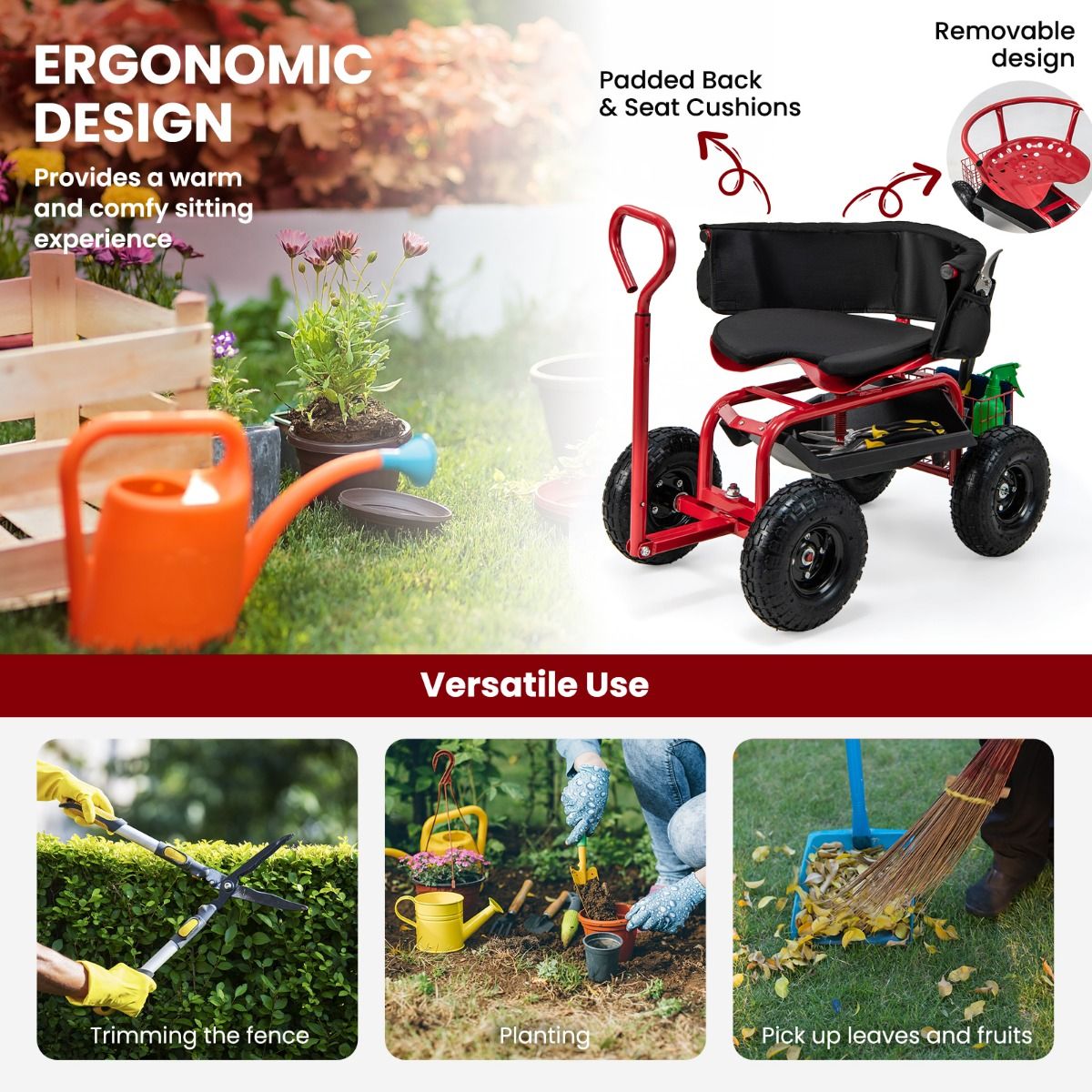Chariot de jardin Coast avec siège à roulettes - poignée télescopique - espace de rangement - rouge