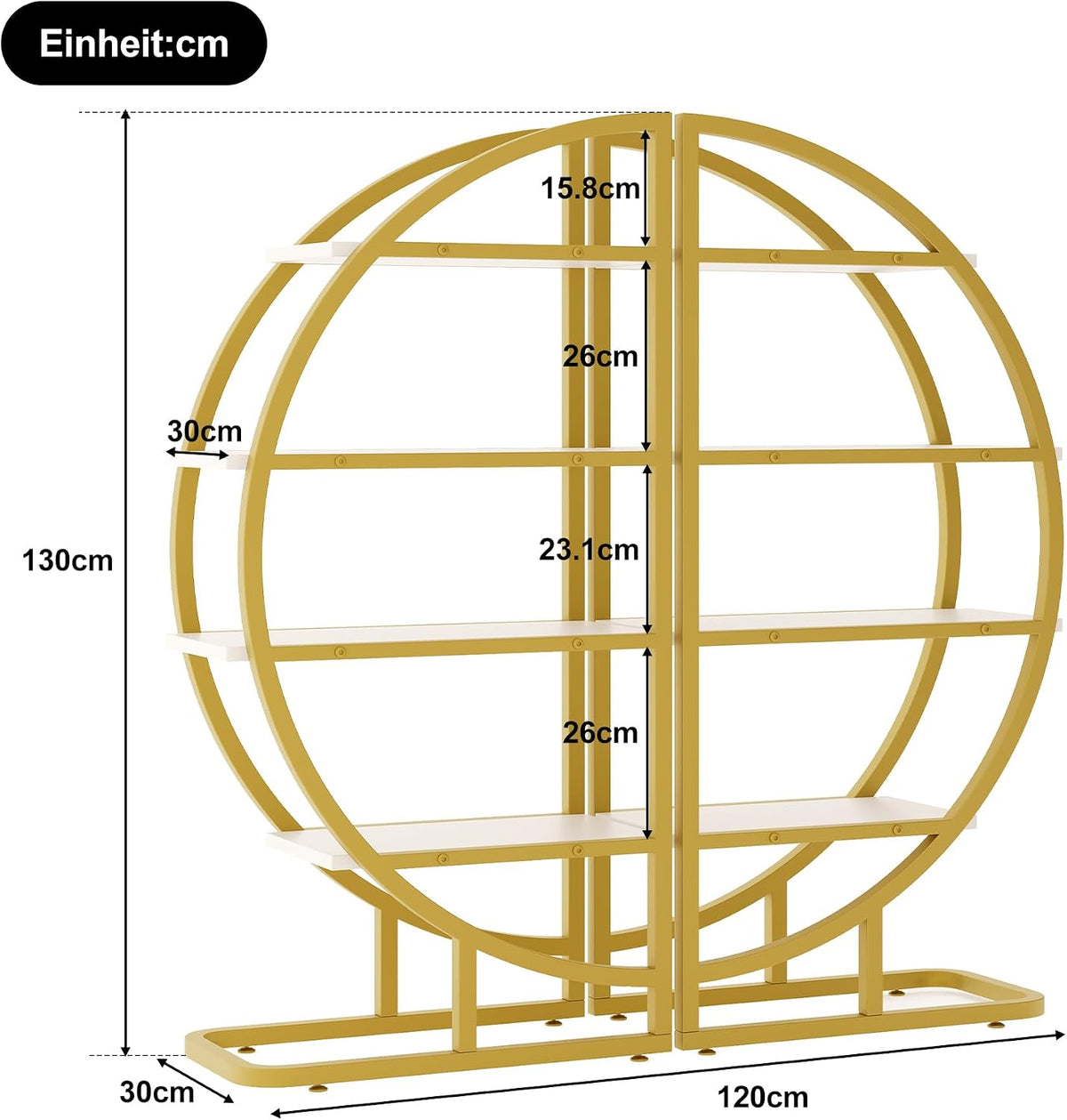 Étagère à livres Ligterra Rond - 2 modules semi-circulaires - Métal doré avec étagères blanches - 120 x 30 x 130 cm