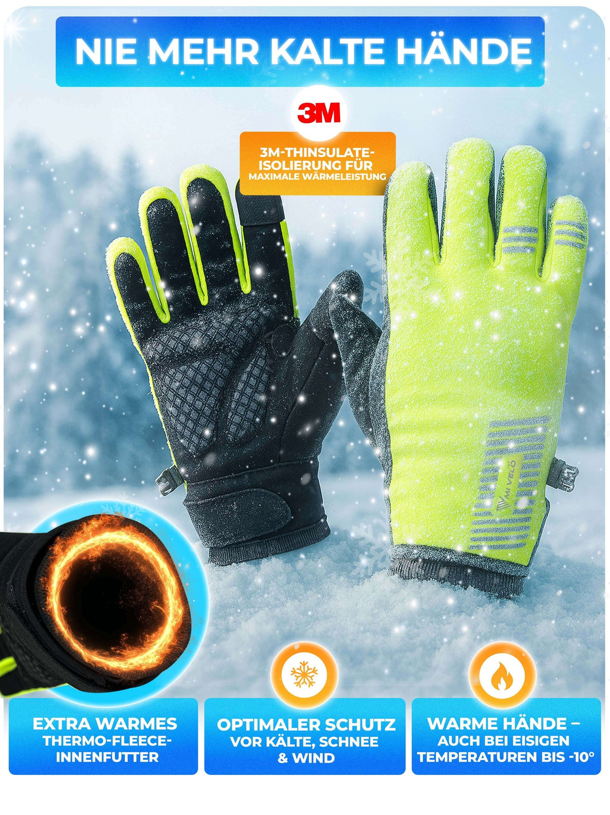 Gants d'hiver Mivelo - Jaune - Taille L - Avec 3M™ Thinsulate™ & Thermo-Fleece