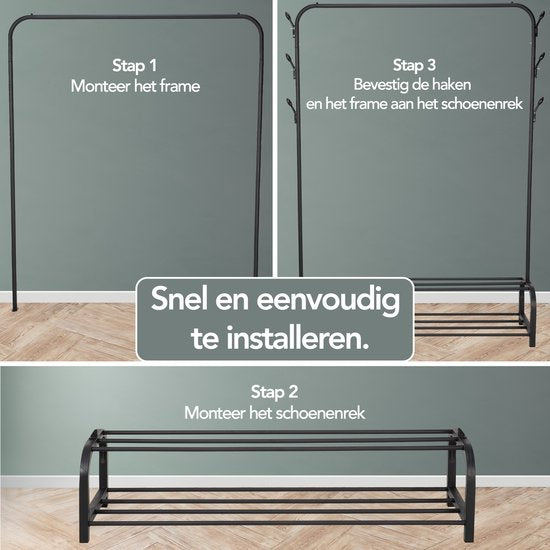 Brixy Rack à vêtements - Rack à penderies - 102x34x152cm - Rack à vêtements et à chaussures - Industriel - Métal - Noir