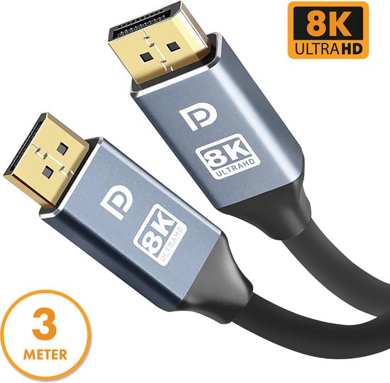 Drivv. Câble Displayport - 8K 60Hz - 4K 144 Hz - 32.4GBps - Displayport 1.4 - Câble DP - PVC - 3 mètres - Gris spatial