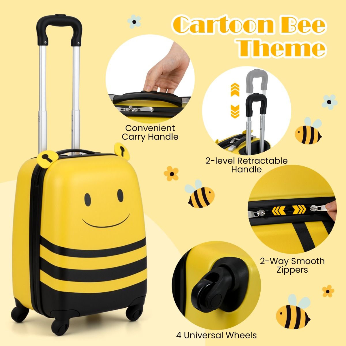 Ensemble valise et sac à dos pour enfant Coast - Thème des abeilles - Avec roulettes et cordon anti-perte - Jaune