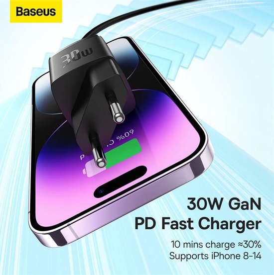 Chargeur rapide compact Baseus GaN5 30 W USB-C PD, noir