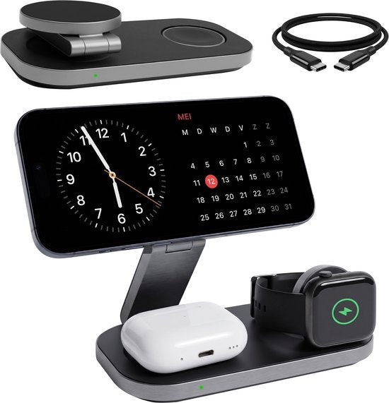 Chargeur sans fil Nuvance - 3 en 1 - 15 W - Station de recharge - Chargeur rapide - Chargeur sans fil - Compatible avec l'Apple Watch et les écouteurs Apple