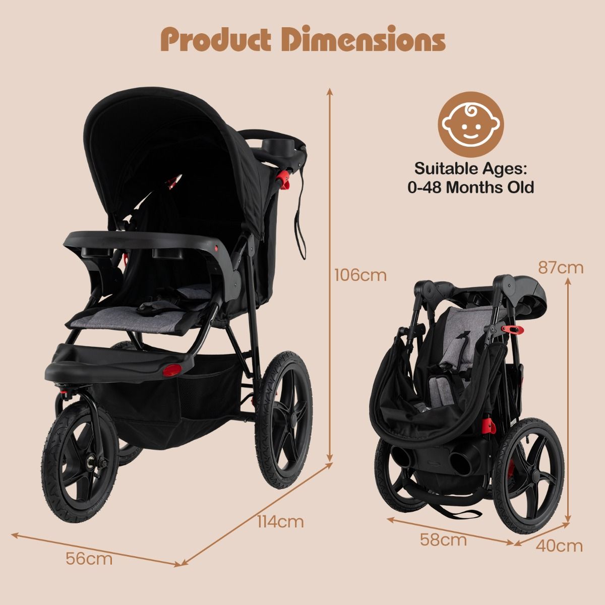 Poussette de jogging Coast - Poussette pliable - Capote réglable - Siège inclinable - Noir