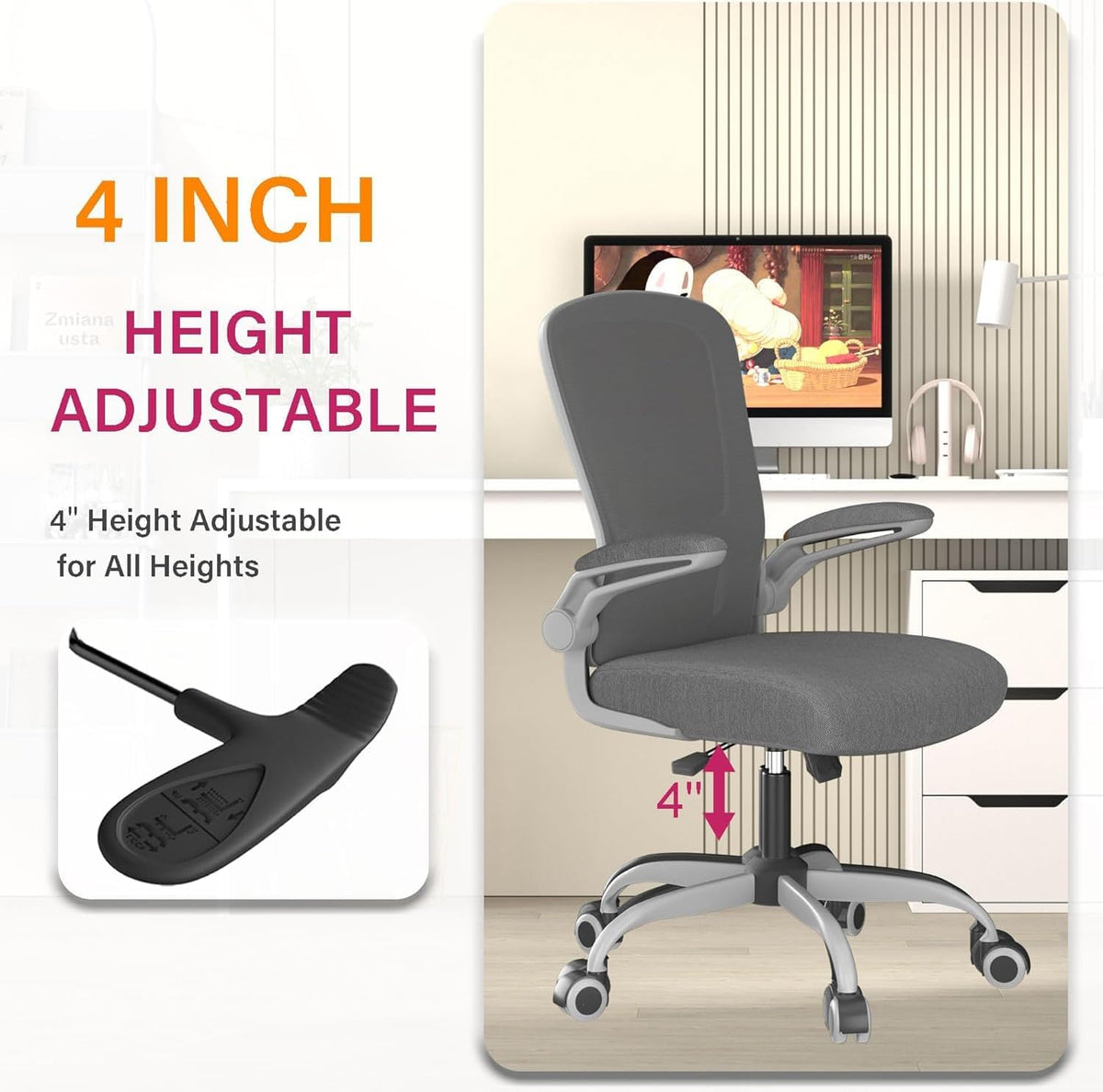 Chaise de bureau ergonomique - Soutien lombaire réglable - Accoudoirs rabattables - Fonction d'inclinaison à 135°