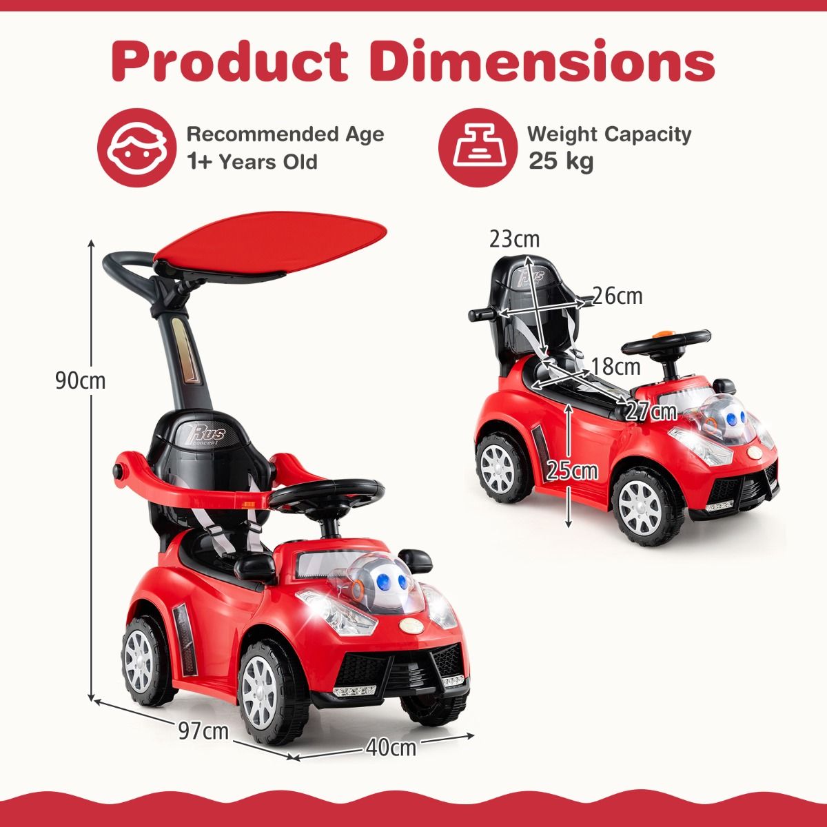 Voiture à roulettes 3-en-1 Coast avec poignée de poussée - compartiment de rangement - pare-soleil réglable - rouge