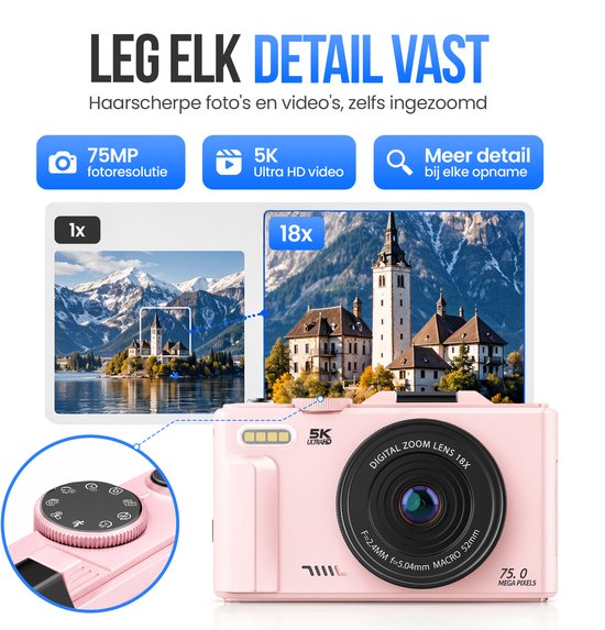 Appareil photo numérique Strex 5K 75 MP - Appareil photo - Appareil photo compact avec Wi-Fi - Appareil photo pour vlog - Appareil photo pour enfants - Zoom 18x - Écran orientable - Rose