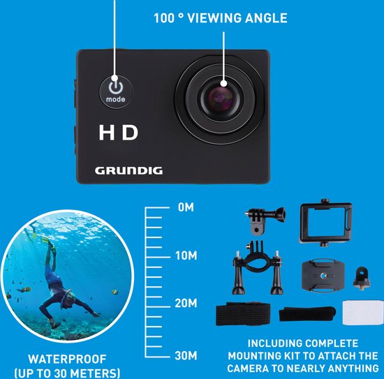 Grundig Action Camera HD720P - Caméra sous-marine - Étanche jusqu'à 30M - Écran LCD 2" - Accessoires divers inclus - Détection de mouvement - Noir