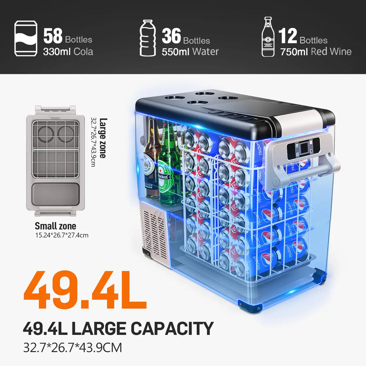 Glacière à compresseur Euhomy 49,4 litres - 12/24 V CC et 240 V CA