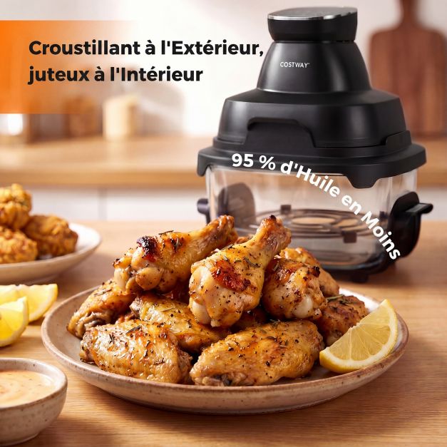 Coast Airfryer 4L - Friteuse à air chaud avec boîtier en verre - 1 500 W - Deux paniers empilables - Couvercle - Thermostat jusqu'à 220 °C - Noir
