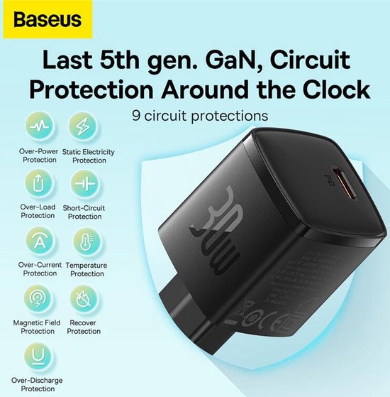 Chargeur rapide compact Baseus GaN5 30 W USB-C PD, noir