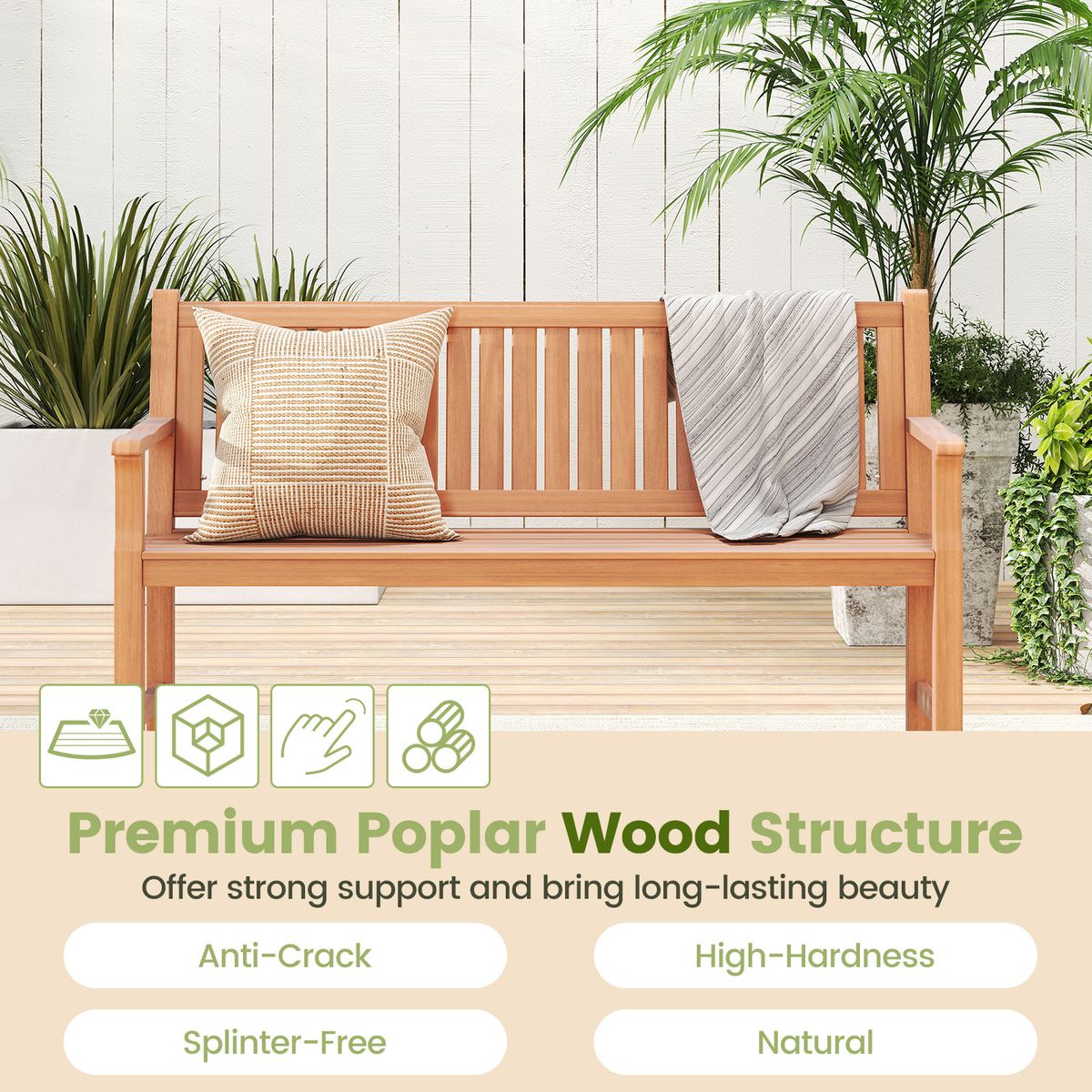 Banc de jardin Coast - banc trois places en bois de pin - dossier et accoudoirs ergonomiques - couleur naturelle - 150 x 53,5 x 89 cm