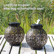 Gadgy Solar Lantaarn Rond - Tafellamp Set van 2 - Solar Tuinverlichting op Zonneenergie - Led Buitenverlichting met dag/nacht Sensor - Hanglamp - Tuinlantaarn Metaal - 15.5xØ13.5CM - Zwart