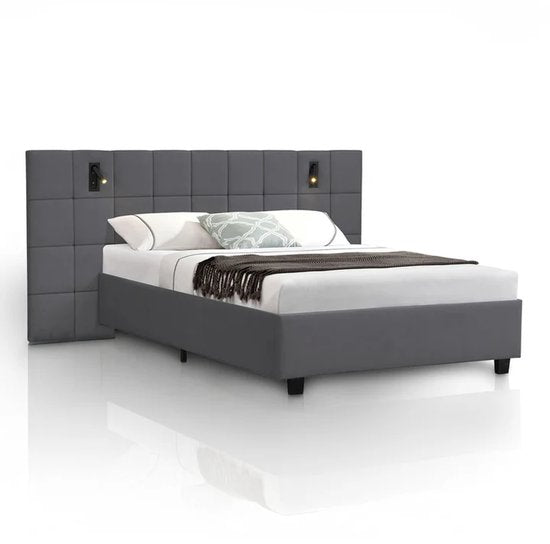 Lit capitonné Luzano - 140x200cm - Velours - Liseuse incluse - Gris foncé