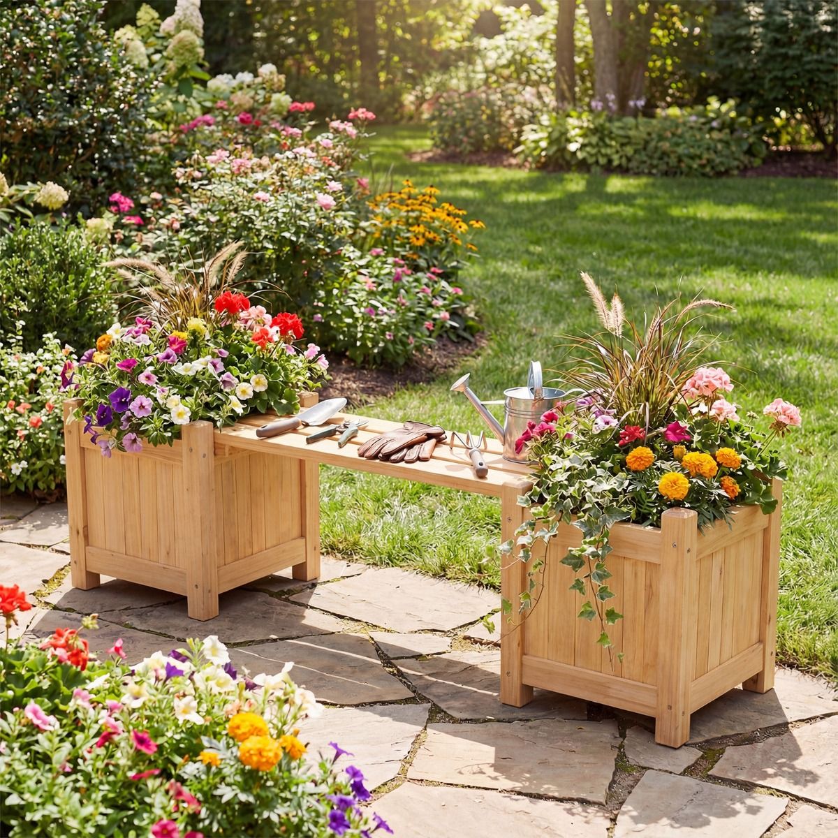 Banc de jardin trois-en-un Coast avec jardinières - banc avec espace de rangement - bois de sapin - couleur naturelle
