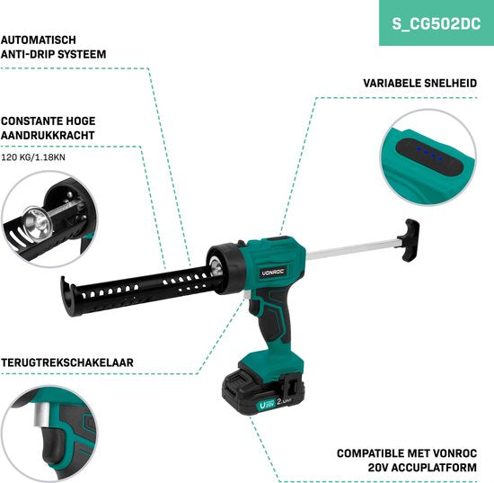 VONROC Battery Kit Sprayer 20V - force de poussée 1.18kN/120kg - système anti-goutte - contrôle de vitesse variable - convient à toutes les cartouches de kit courantes - Batterie 2.0Ah et chargeur rapide inclus.