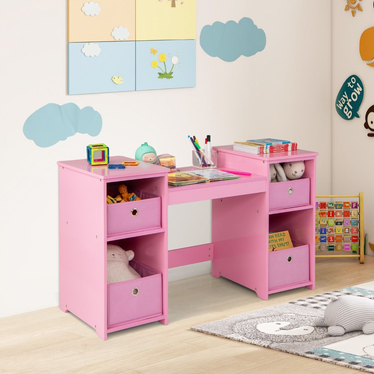 Coast : coiffeuse et bureau pour enfant - Miroir amovible à trois faces - Avec bacs de rangement - Rose