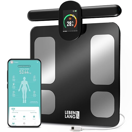 LEBENLANG - Pèse-personne de fitness avec capteurs manuels - 29 lectures, connexion à l'application, capacité de charge de 180 kg - Pèse-personne avec analyse de la graisse corporelle et de la masse musculaire - rechargeable et avec affichage LED