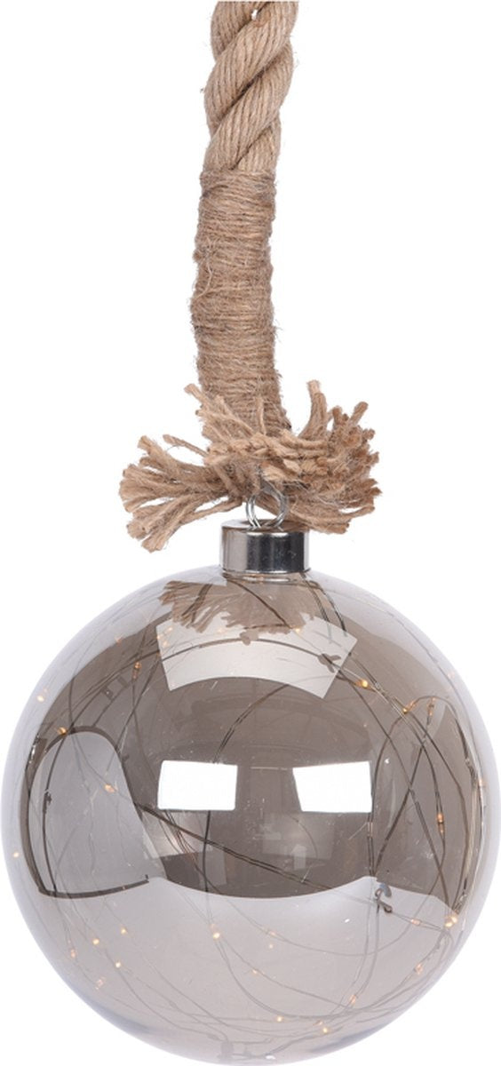 Boule en verre avec 30 LED - 15cm - corde de jute 100cm