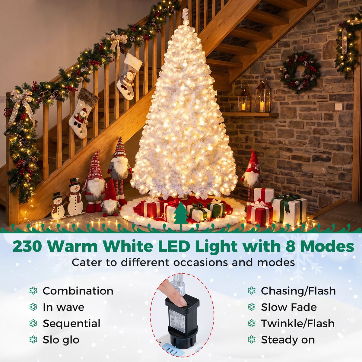 Sapin de Noël artificiel Coast - 180 cm - 230 ampoules LED blanc chaud - 8 modes d'éclairage - Effet neige