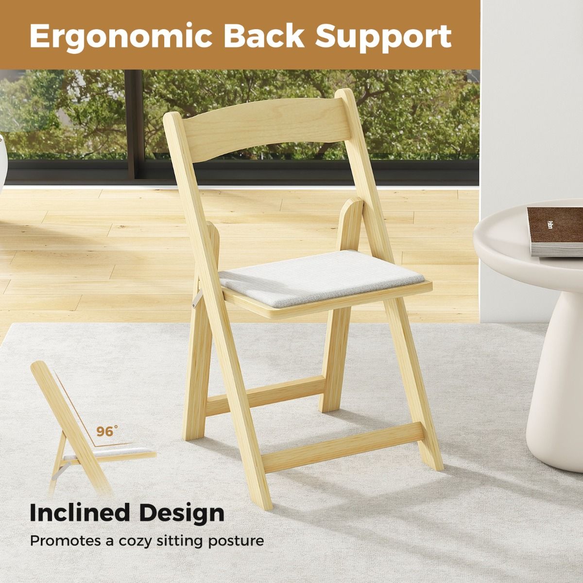 Coast Set de 2 chaises de salle à manger pliables - 44x47x77 cm - couleur naturelle - avec pieds en bois d'hévéa et assise rembourrée