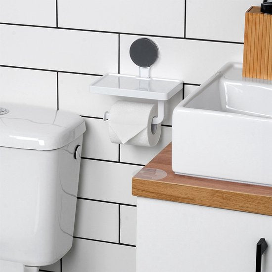 Bathroom Solutions - Porte-rouleau de papier toilette avec étagère - Plastique blanc - Fixation par ventouse - Design classique