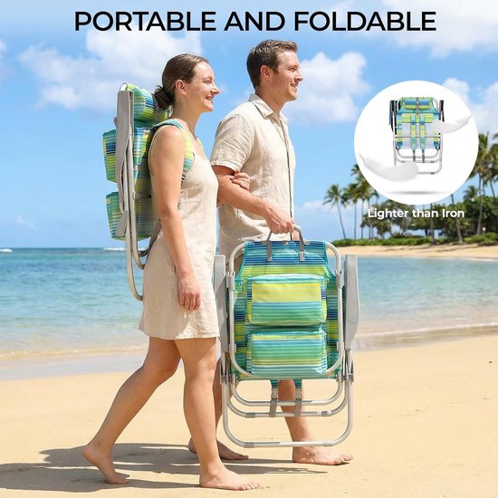 Lot de 2 chaises de plage de luxe - Réglables (5 positions) - Pliables avec sangles de sac à dos, sac isotherme et porte-serviettes - Rayures vertes et bleues