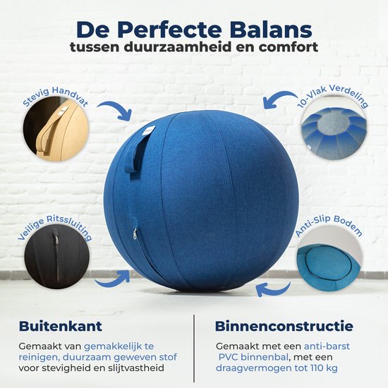 Ballon de siège Backerz 55 cm - Ballons de siège avec housse en lin - Chaise de bureau ergonomique pour le bureau et la maison - Ballon de yoga de luxe - Bleu foncé